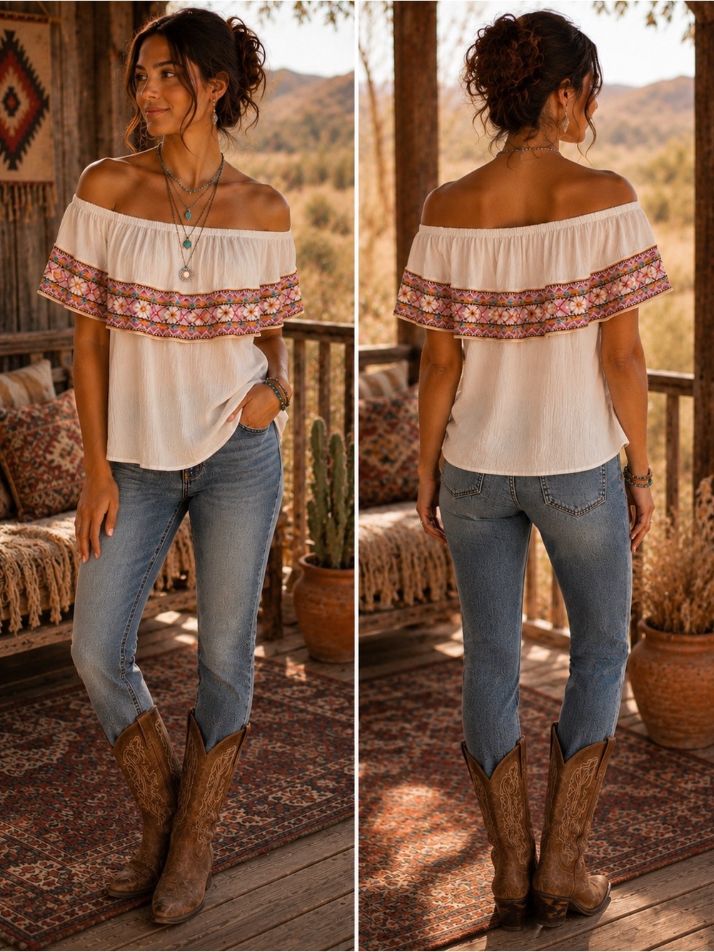 Boston Proper Embellished Off Shoulder Boho Peasant Top Ivory Small